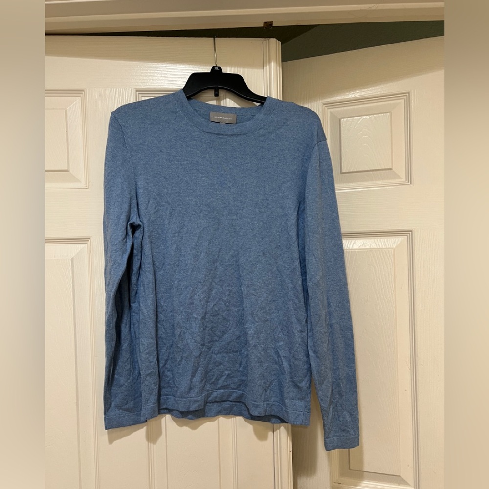 Neiman Marcus Mens Blue Cashmere Wool Silk Blend Lightweight Pullover Sweater L